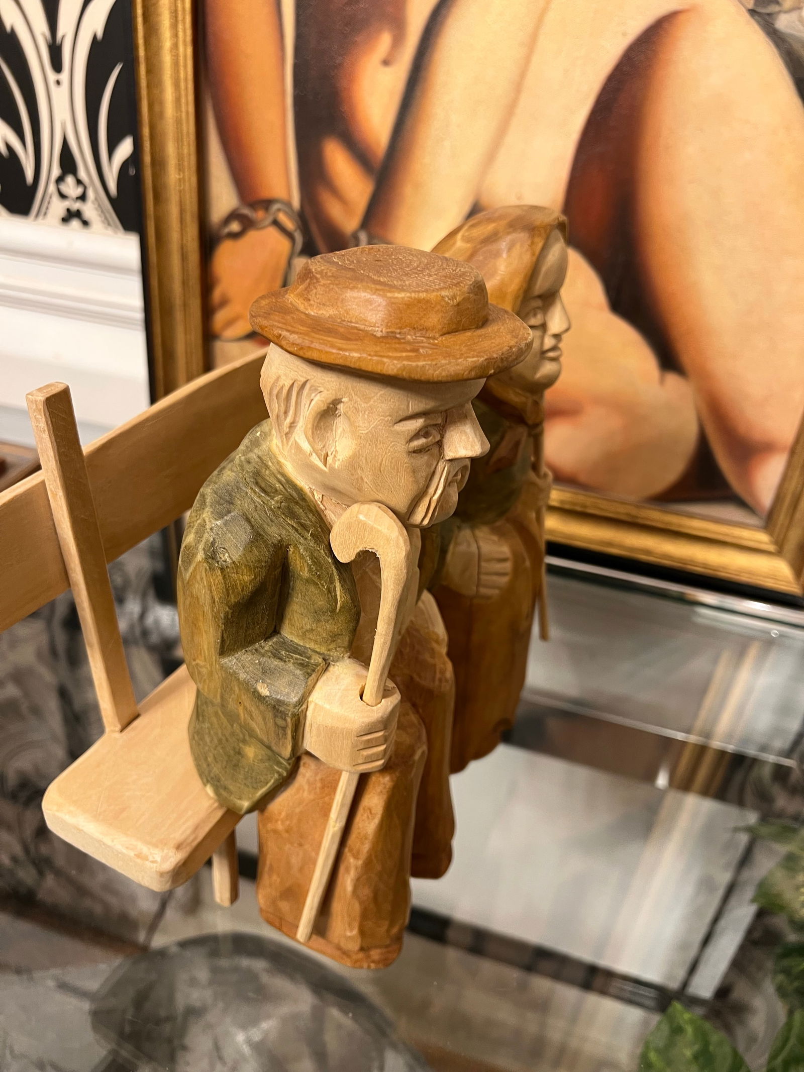 1970s Hand Carved Wooden Sitting Husband and Wife Sculpture - 6