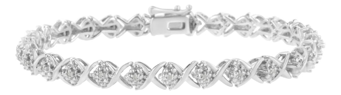 .925 Sterling Silver Round-Cut Diamond Accent Floral Cluster and "X" Link Bracelet (I-J Color, I3 Cl: Embellish your wrist with this beautiful diamond accent link bracelet. Beaded geometrical pieces hold at the heart a promo quality round cut diamond. Polished silver X links alternate with the