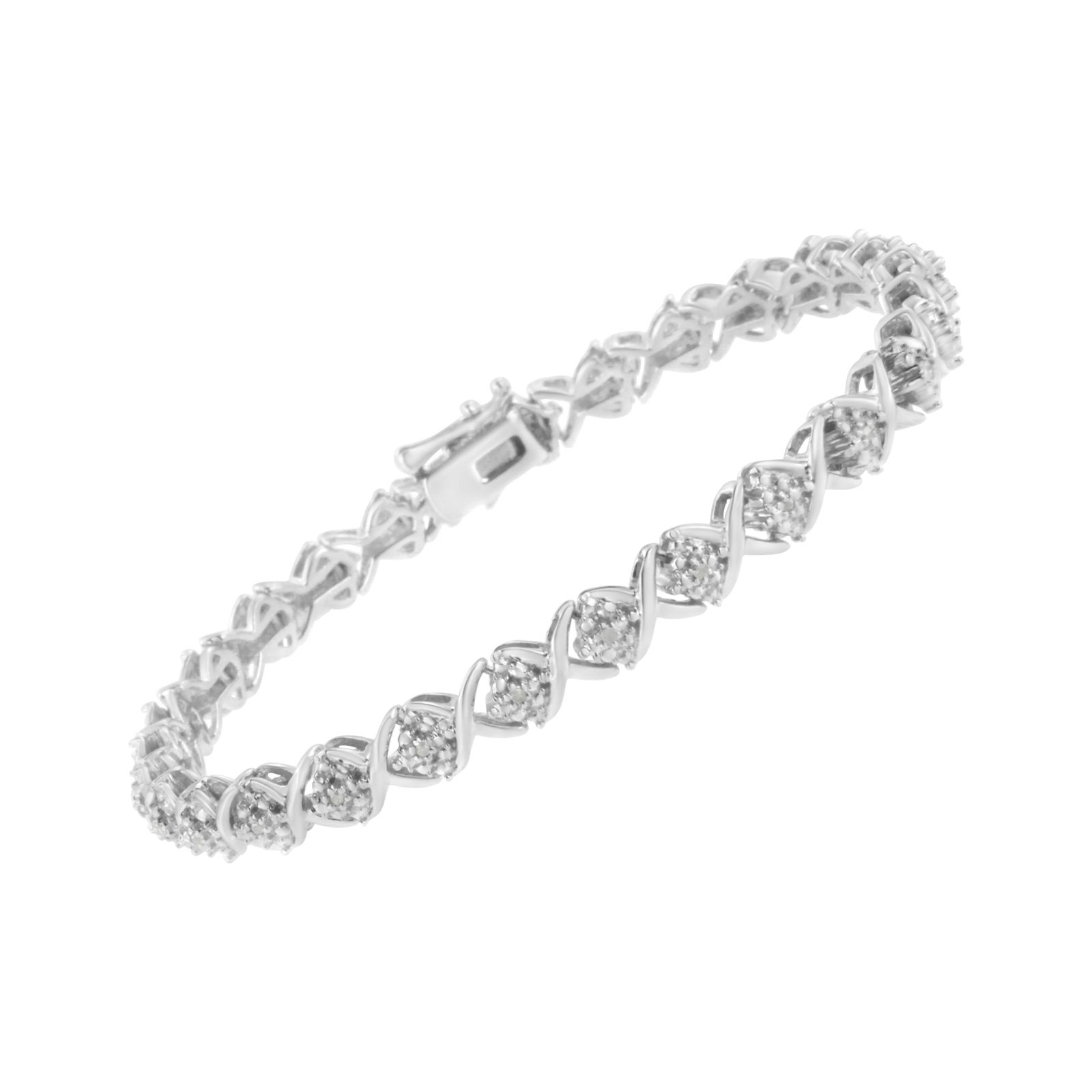 .925 Sterling Silver Round-Cut Diamond Accent Floral Cluster and "X" Link Bracelet (I-J Color, I3 Cl - 2