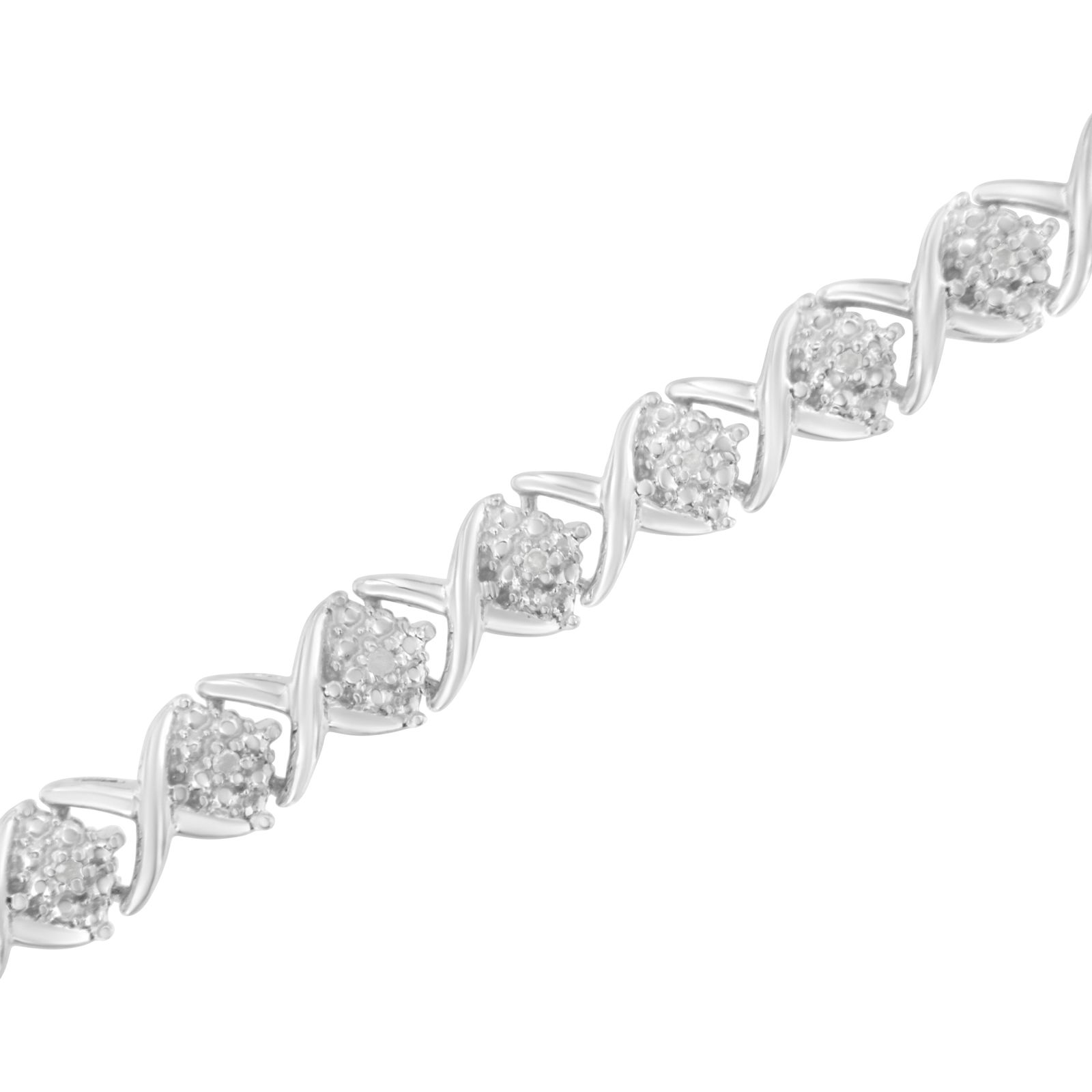 .925 Sterling Silver Round-Cut Diamond Accent Floral Cluster and "X" Link Bracelet (I-J Color, I3 Cl - 3