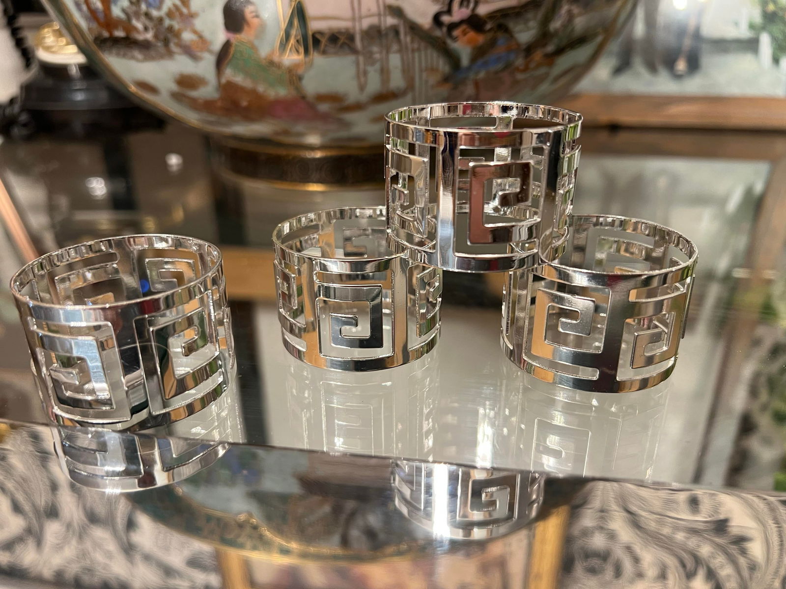 1970s Collection of Silver Greek Key Napkin Rings- Set of 4 - 3