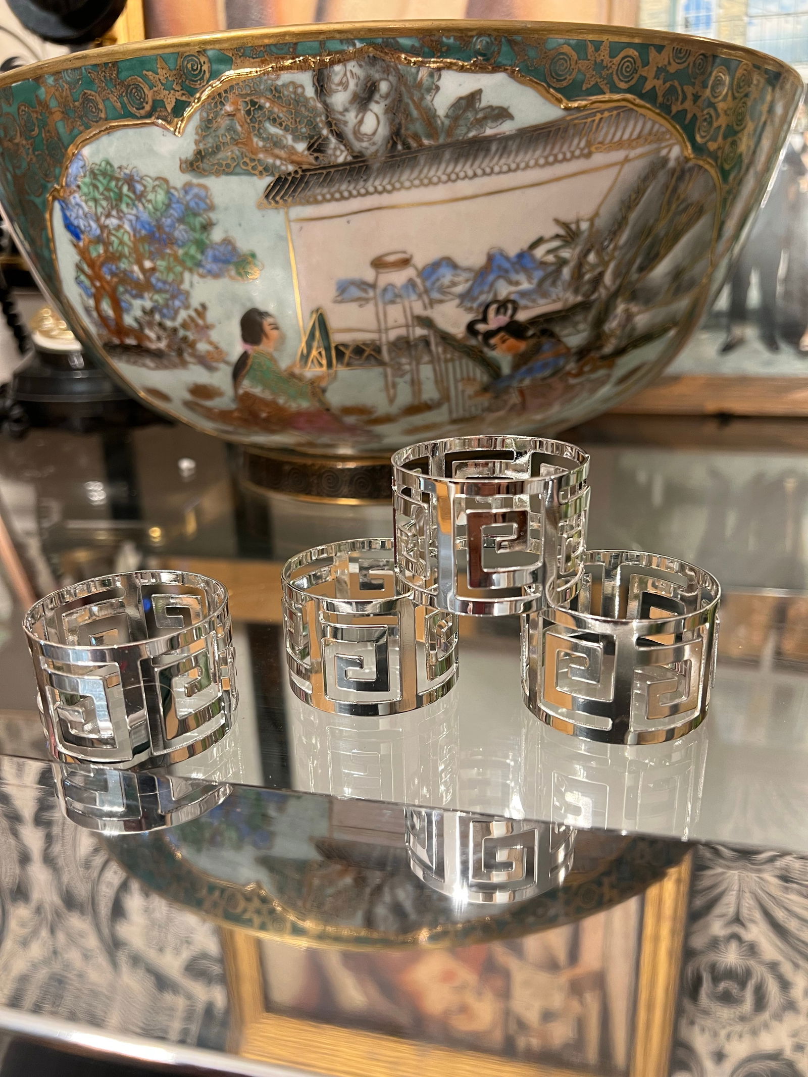 1970s Collection of Silver Greek Key Napkin Rings- Set of 4 - 5