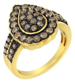 10K Yellow Gold Plated .925 Sterling Silver 1 1/8 cttw Prong-Set Round-Cut Diamond Pear Cocktail Rin