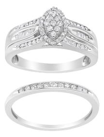 .925 Sterling Silver 1/2 Cttw Round and Baguette-Cut Diamond Engagement Bridal Set (I-J Color, I1-I2