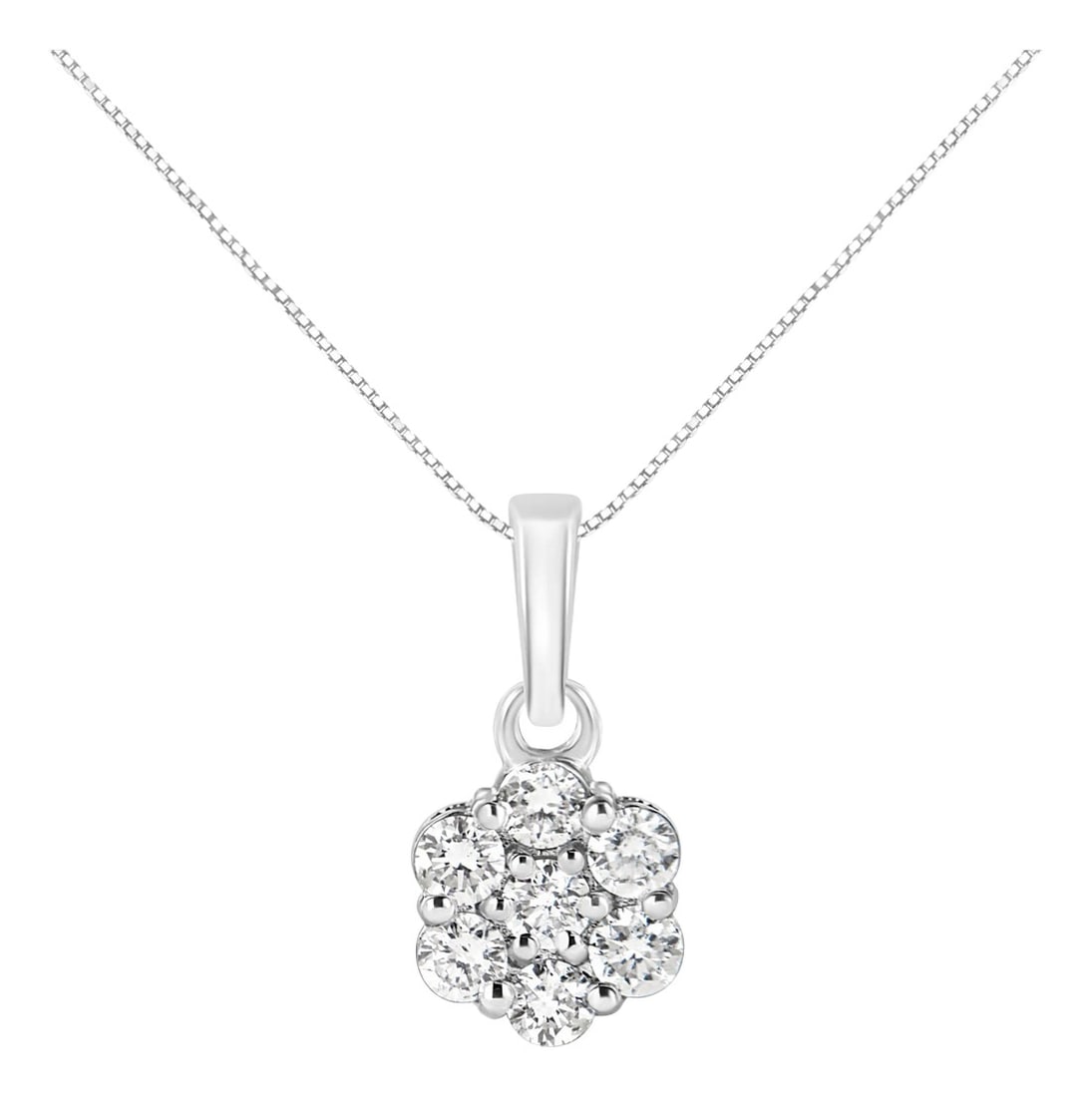 .925 Sterling Silver 1/2 Cttw Lab Grown Diamond 7 Stone Floral Cluster 18" Pendant Necklace (F-G Col: Add a floral touch to your everyday jewelry wear with this chic 1/2 cttw diamond cluster pendant. This necklace boasts 7 natural, round-cut diamonds in a flower motif that is created in genuine .925