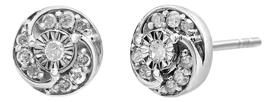 .925 Sterling Silver 1/4 Cttw Round Diamond Spiral Halo Cluster Stud Earrings (I-J Color, I2-I3 Clar: These diamond cluster earrings are mesmerizing in a spiraling design and heightened by luxurious textural elements. The total 1/4 cttw diamonds with an approximate I-J Color and I2-I3 Clarity will
