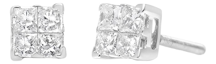 .925 Sterling Silver 5/8 Cttw Princess Cut Diamond Invisible Set Quad Composite Stud Earrings (I-J C