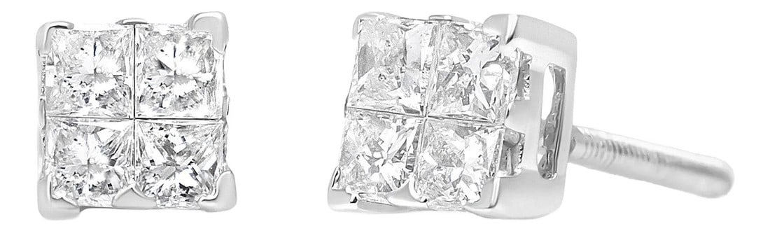 .925 Sterling Silver 5/8 Cttw Princess Cut Diamond Invisible Set Quad Composite Stud Earrings (I-J C: Celebrate a special moment with these exquisite quad diamond composite stud earrings made of genuine .925 sterling silver. This pair of four-diamond composite stud earrings features a cluster of four