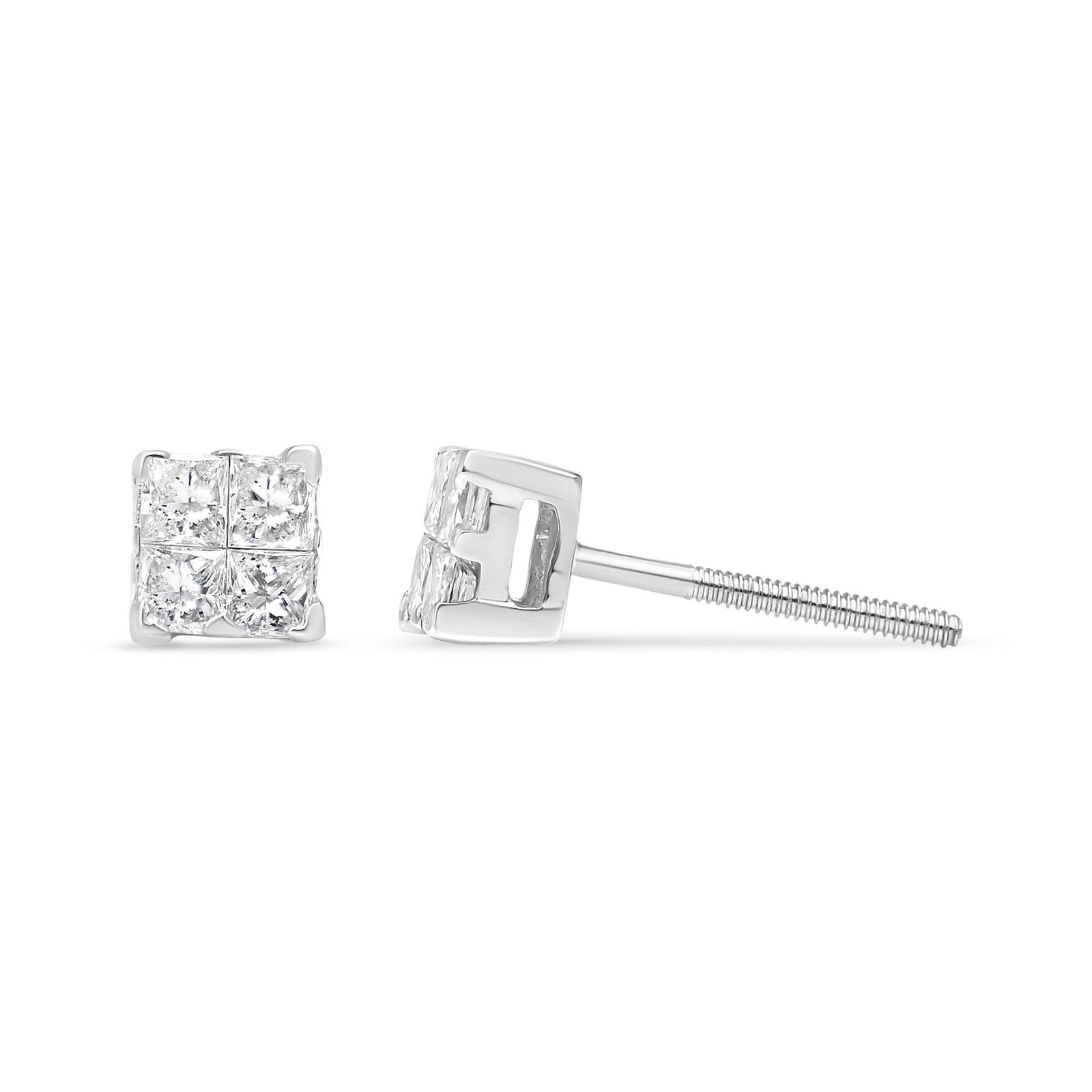 .925 Sterling Silver 5/8 Cttw Princess Cut Diamond Invisible Set Quad Composite Stud Earrings (I-J C - 3