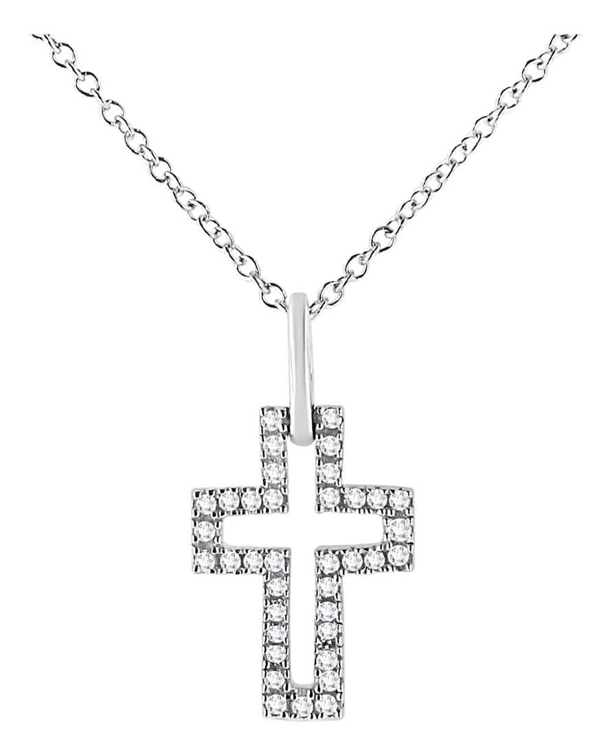 .925 Sterling Silver 1/10 cttw Pave-Set Round-Cut Diamond Open Cross 18" Pendant Necklace (I-J Color: Express your true love for God with this elegant diamond cross pendant. This sleekly crafted sterling silver diamond pendant features 37 scintillating round diamonds accented by round cut diamonds.