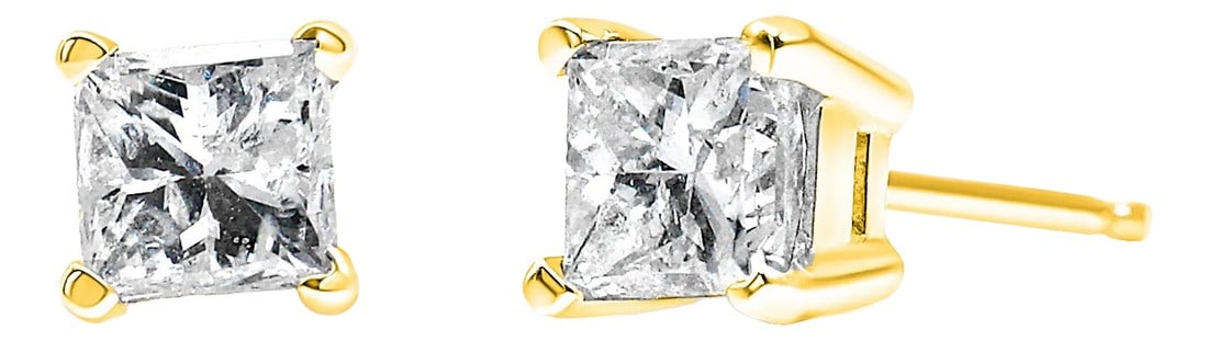 AGS Certified 1/4 Cttw Princess-Cut Square Diamond 4-Prong Solitaire Stud Earrings in 14K Yellow Gol: Celebrate any occasion with these classic shimmering diamond stud earrings. Fashioned in 14K yellow gold, each earring showcases a sparkling square shaped, brilliant cut certified diamond solitaire.