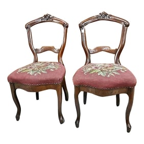 Late 19th Century American Victorian Needlepoint Parlor Side Chairs- a Pair