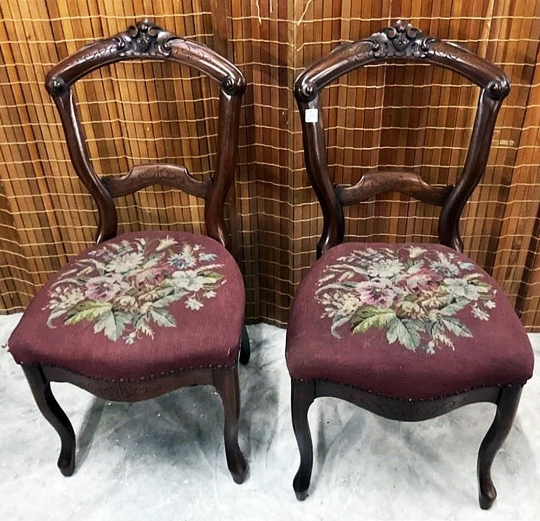 Late 19th Century American Victorian Needlepoint Parlor Side Chairs- a Pair - 7