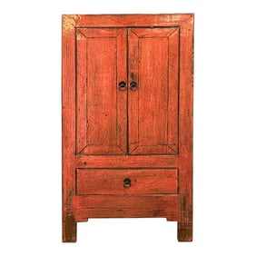 Distressed Coral Pink Orange Color Slim End Table Nightstand Cabinet