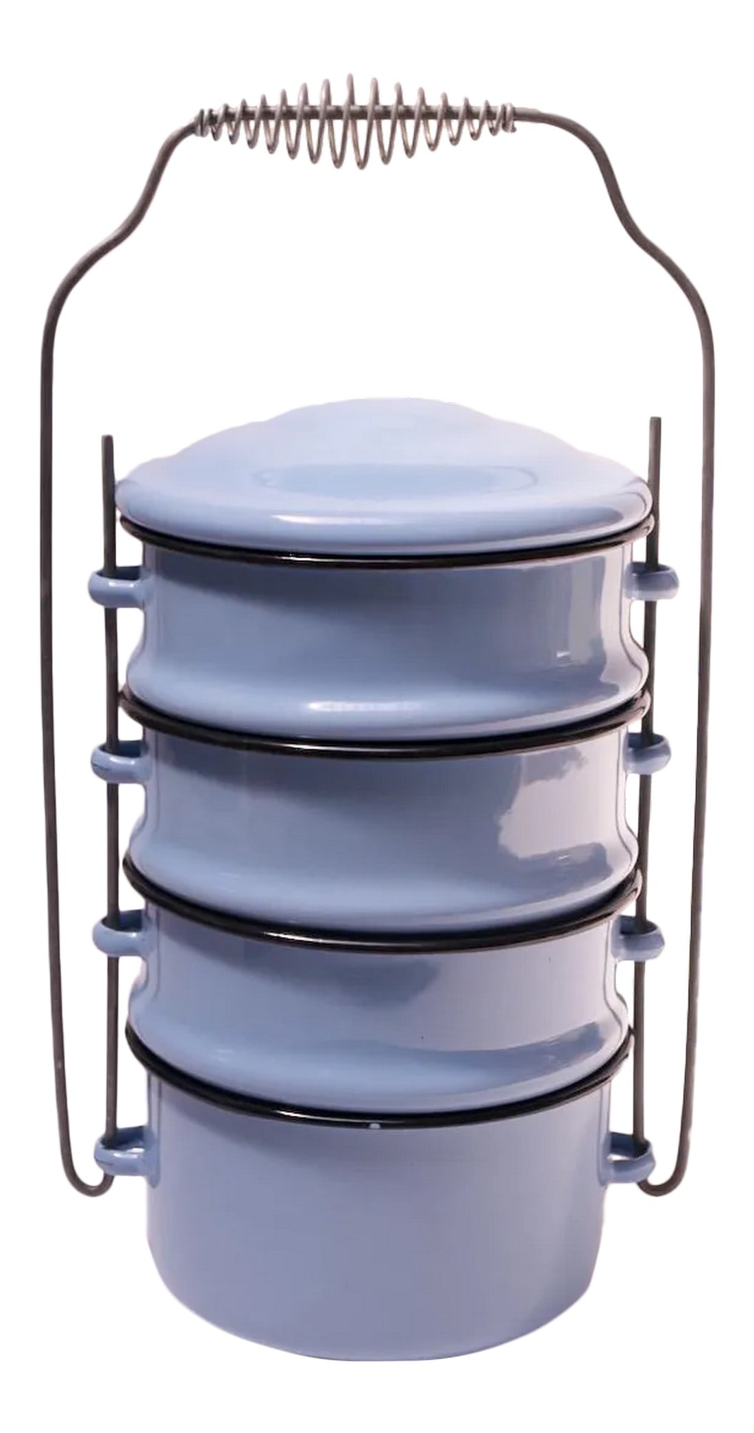 Vintage Blue Enamel Tiffin / Stackable Lunch Pail: Very unique and complete tiffin set (circa 1940s, USA) composed of four stacking bowls in cornflower blue enamel (three similarly sized, and one larger) with a single lid, all equipped with handles
