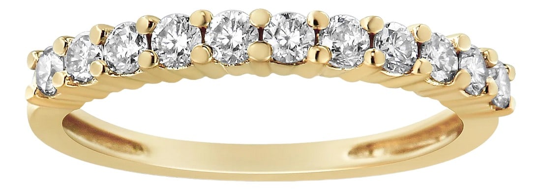 14K Yellow Gold Plated .925 Sterling Silver 1/2 cttw Shared Prong Set Brilliant Round-Cut Diamond 11: This classic and elegant 2 Micron 14K Yellow Gold Plated Sterling Silver band ring boasts a 1/2 carat of beautiful, natural diamonds. Eleven round-cut diamonds embellished in a prong setting sit on