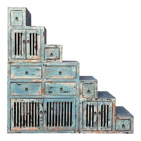 Distressed Pastel Blue Triangle Step Tansu Storage Cabinet Display Room Divider