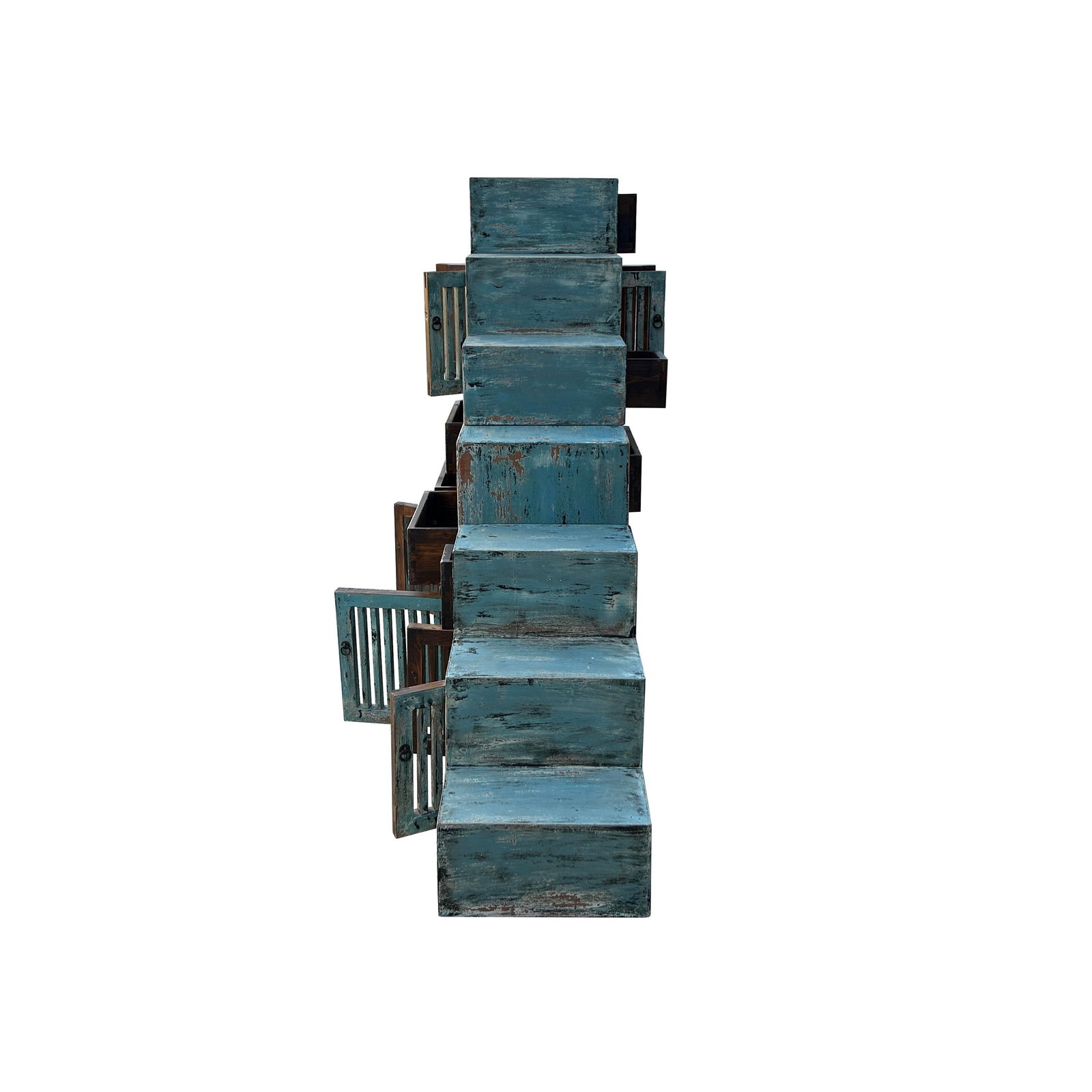 Distressed Pastel Blue Triangle Step Tansu Storage Cabinet Display Room Divider - 2