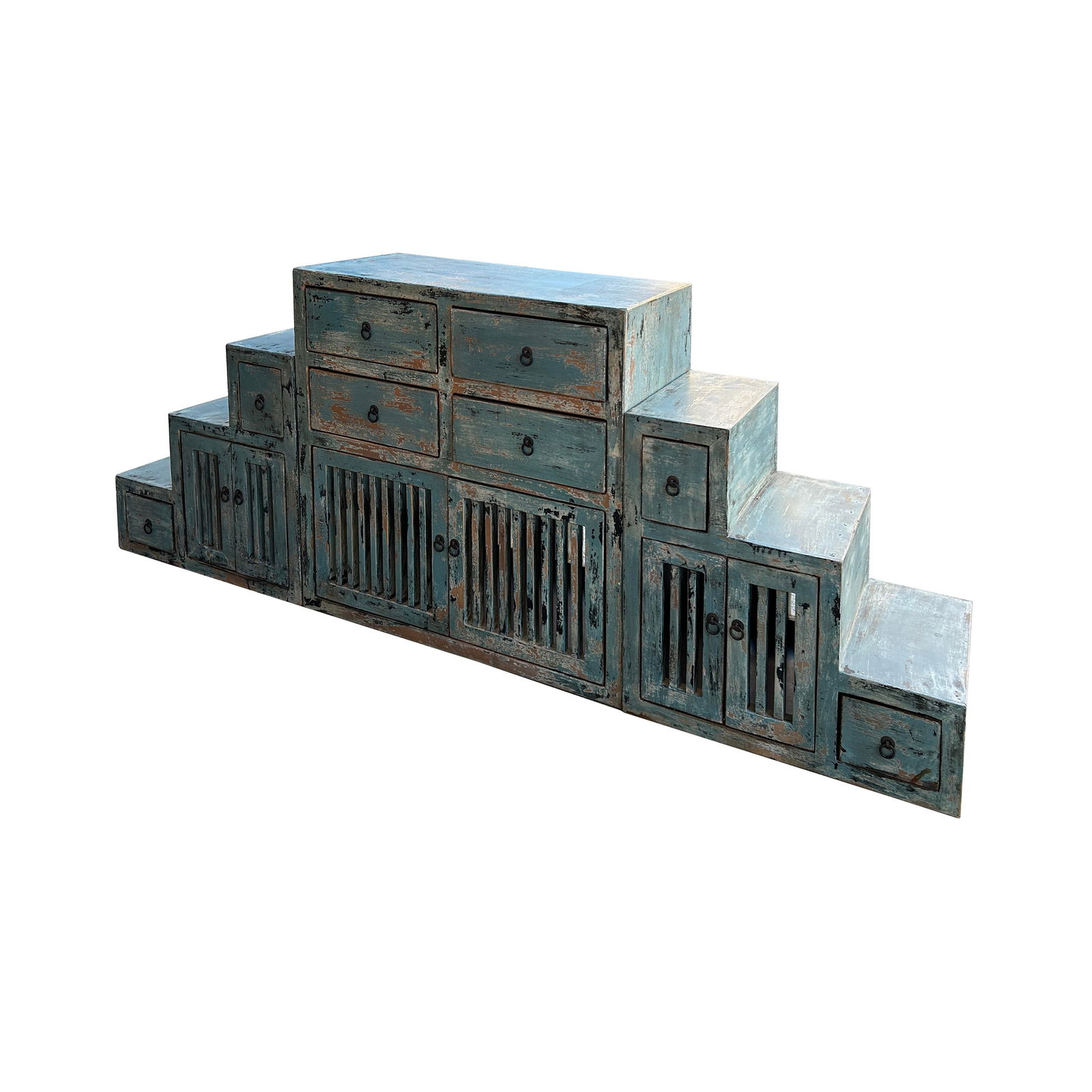 Distressed Pastel Blue Triangle Step Tansu Storage Cabinet Display Room Divider - 7