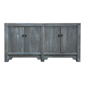Distressed Bleached White Wash Rough Wood Credenza Console Cabinet