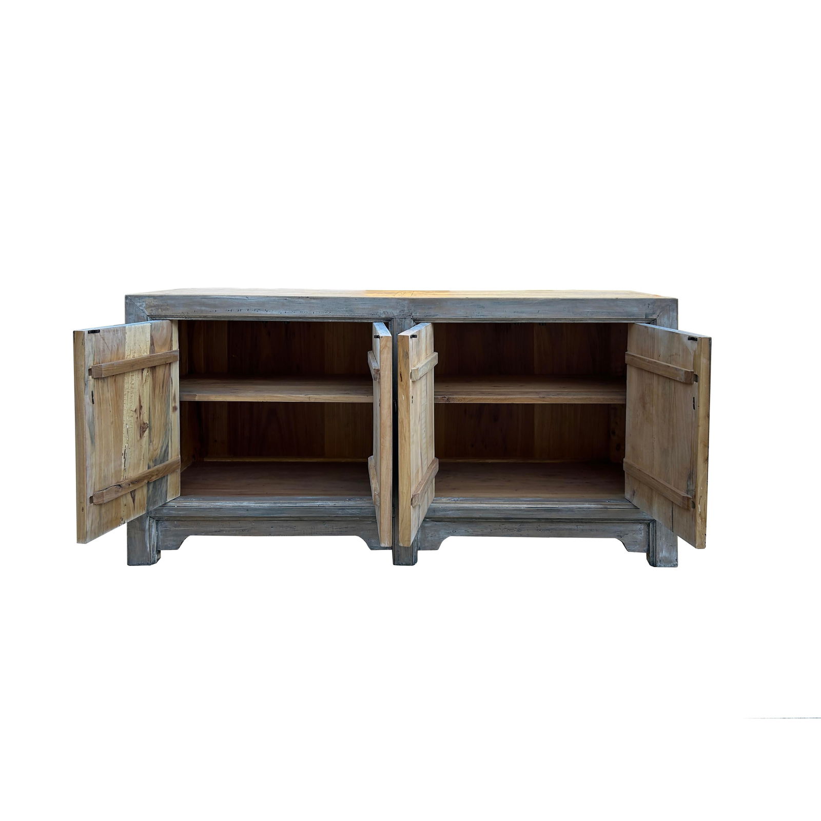 Distressed Bleached White Wash Rough Wood Credenza Console Cabinet - 3