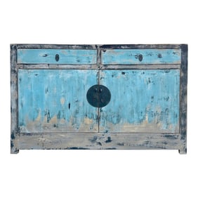 Distressed Black Rim Light Blue Doors Credenza Sideboard Console Table