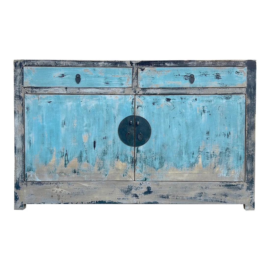 Distressed Black Rim Light Blue Doors Credenza Sideboard Console Table (1 of 5)