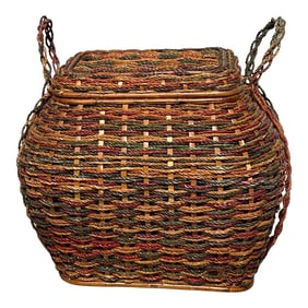 1970s Large Decorative Lidded Storage Basket With Colored Rope