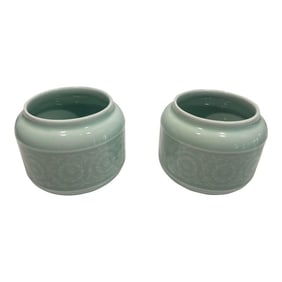 Pair of 1980s Chinese Cerulean Short Flower Vases