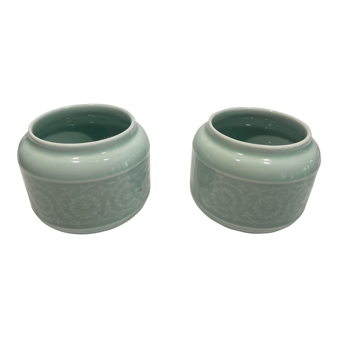 Pair of 1980s Chinese Cerulean Short Flower Vases: This is a lovely pair of simple and subtle short Chinese flower vases that are designed to be a backdrop to a flower arrangement, rather than to upstage the flowers. the simple lines are graceful.