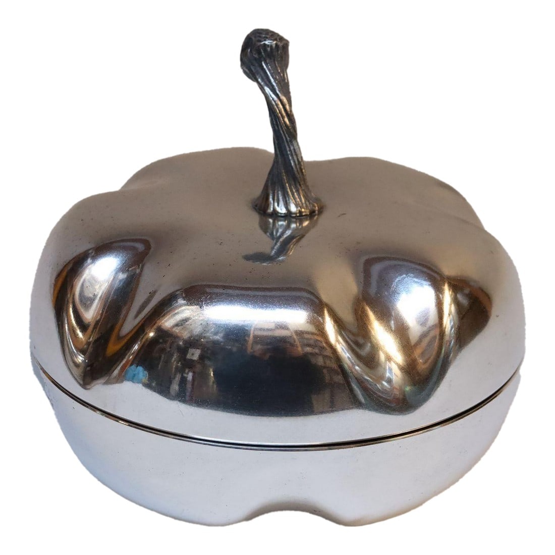 Vintage Italian Modernist Silver-Plated "Squash" Lidded Serving / Candy Dish: Mid-Century Italian Modern silver-plated snack/candy/serving dish with lidded top formed to resemble a squash. This is a shorter, uninsulated version of fruit and vegetable-formed ice buckets made in
