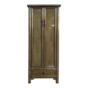 Oriental Distressed Mid Olive Green Tall Narrow Noodle Cabinet Armoire
