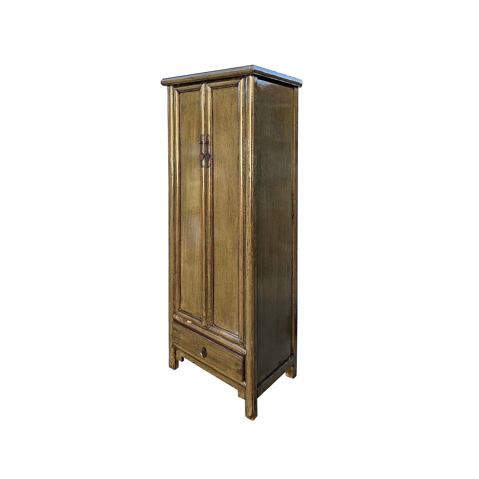 Oriental Distressed Mid Olive Green Tall Narrow Noodle Cabinet Armoire - 2
