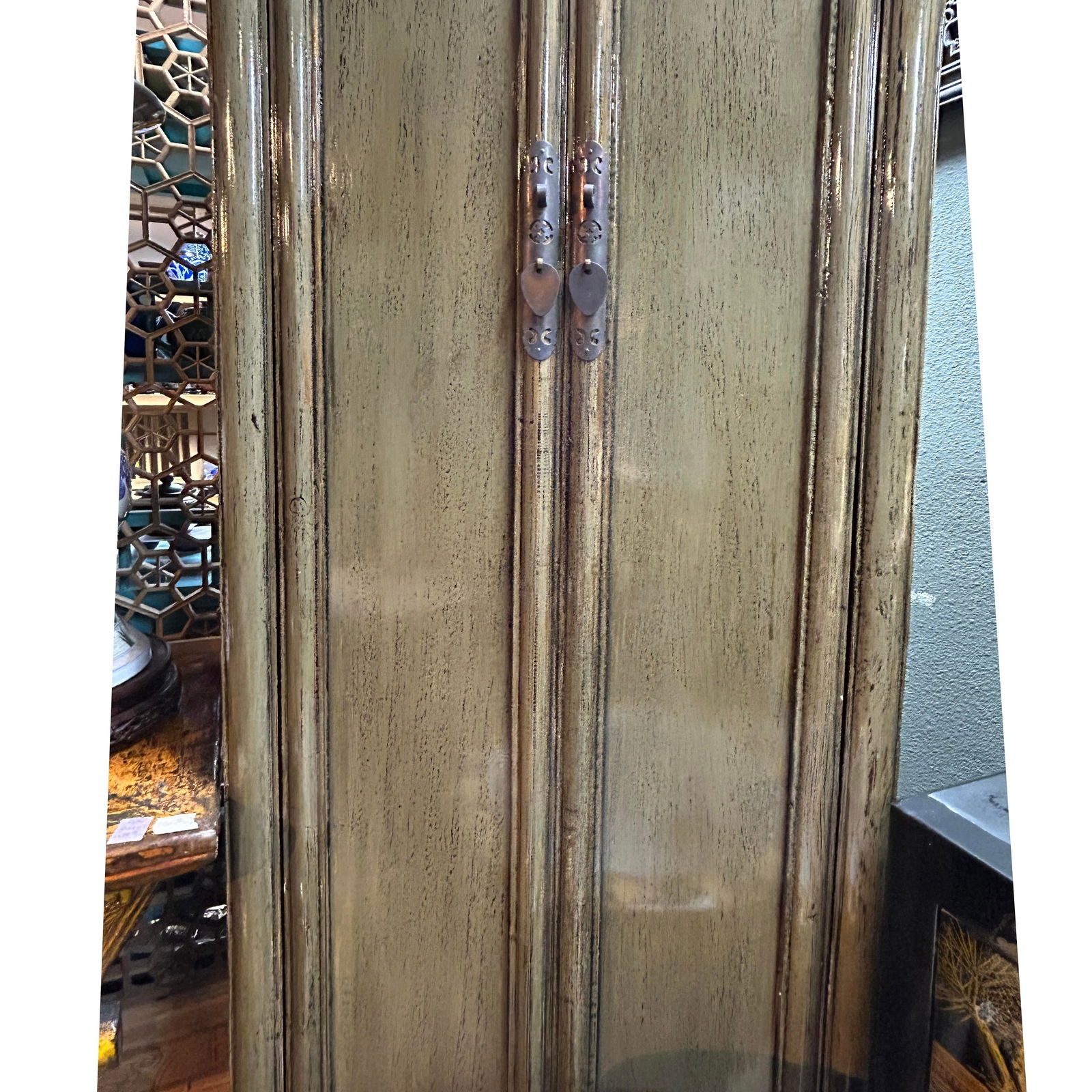 Oriental Distressed Mid Olive Green Tall Narrow Noodle Cabinet Armoire - 5