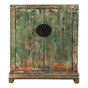 Distressed Teal Green Marks Moon Face Slim Credenza Side Cabinet