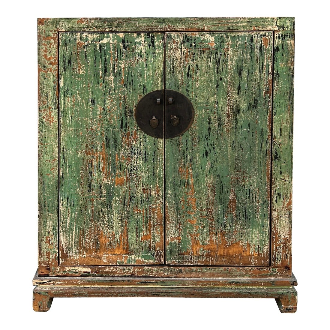 Distressed Teal Green Marks Moon Face Slim Credenza Side Cabinet: This Distressed Green Chinese-Inspired Cabinet is a testament to exquisite craftsmanship. The distressed teal green finish gives it a unique and one-of-a-kind look, while the authentic