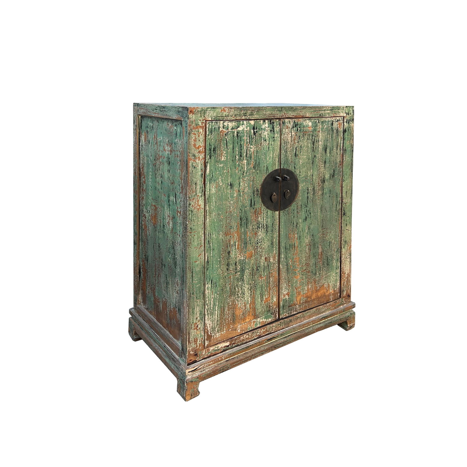 Distressed Teal Green Marks Moon Face Slim Credenza Side Cabinet - 3