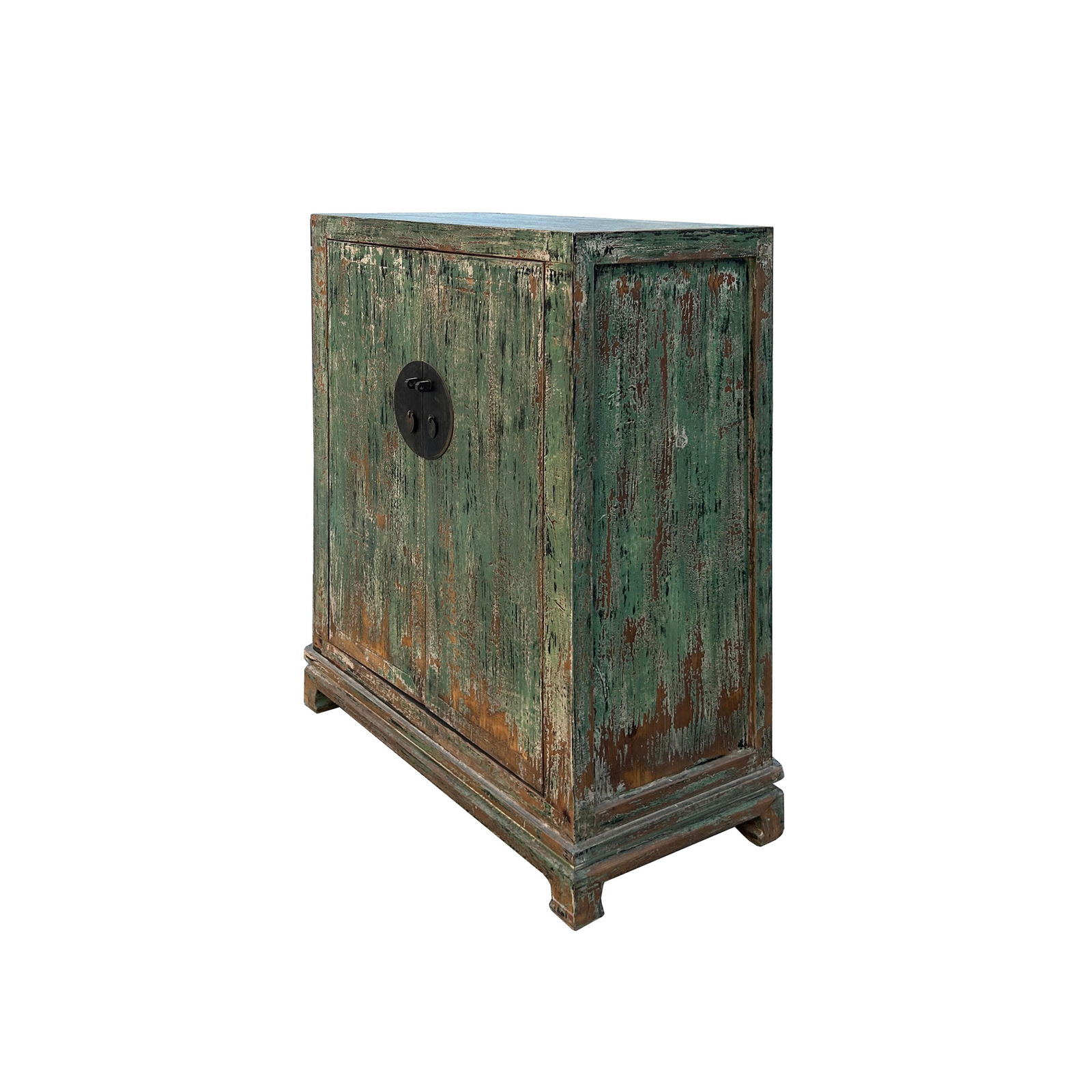 Distressed Teal Green Marks Moon Face Slim Credenza Side Cabinet - 4