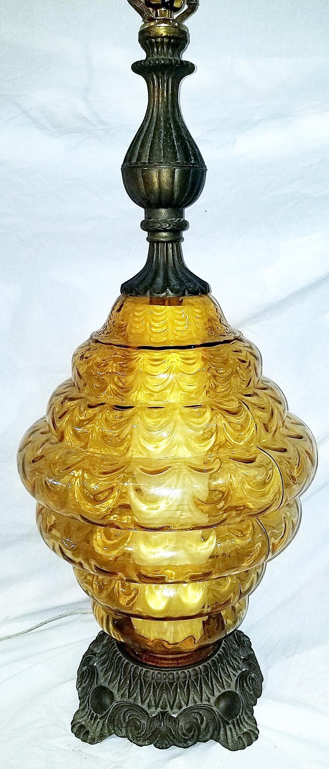 Midcentury Amber Bubble Glass Table Lamp - 2