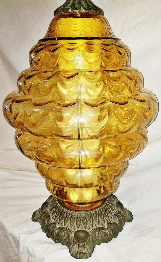 Midcentury Amber Bubble Glass Table Lamp - 3