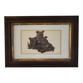 Litter of Brown Scottie Puppies Vintage Print in Antique Frame & Glass
