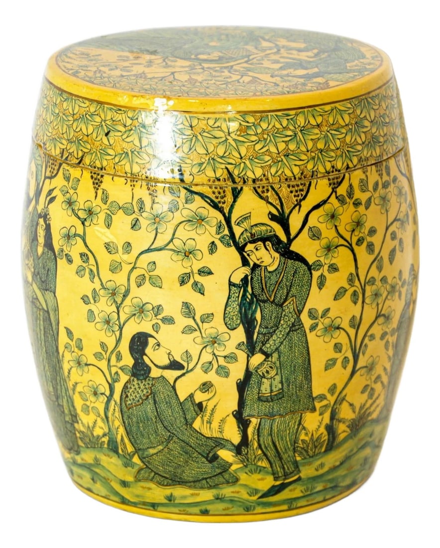 Islamic Kashmir Hand Painted Paper Mache Tea Caddy Storage Box 1950s: Exquisite beauty of this antique Islamic Kashmiri Papier-Mâché Tea Caddy, a stunning storage box with a lid and copper metal lining. This hand-painted gem features intricate miniature scene