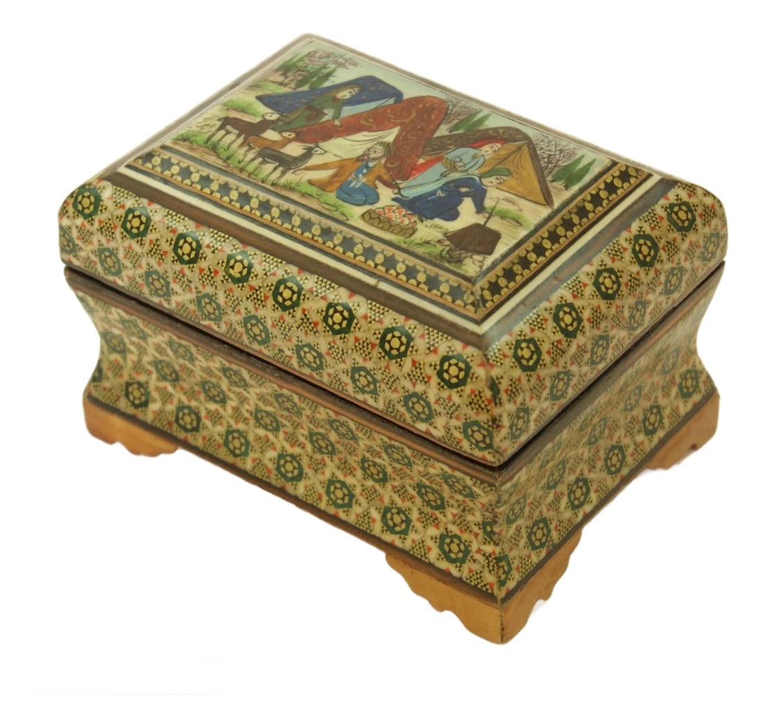 Middle Eastern Persian Khatam Trinket Box With Miniature Art Painting 1950s: Vintage Middle Eastern Persian Khatam Trinket Box with Miniature Art Painting. This hand-painted, lacquered wooden box features Moorish micro mosaic marquetry, perfect for holding small trinkets. The