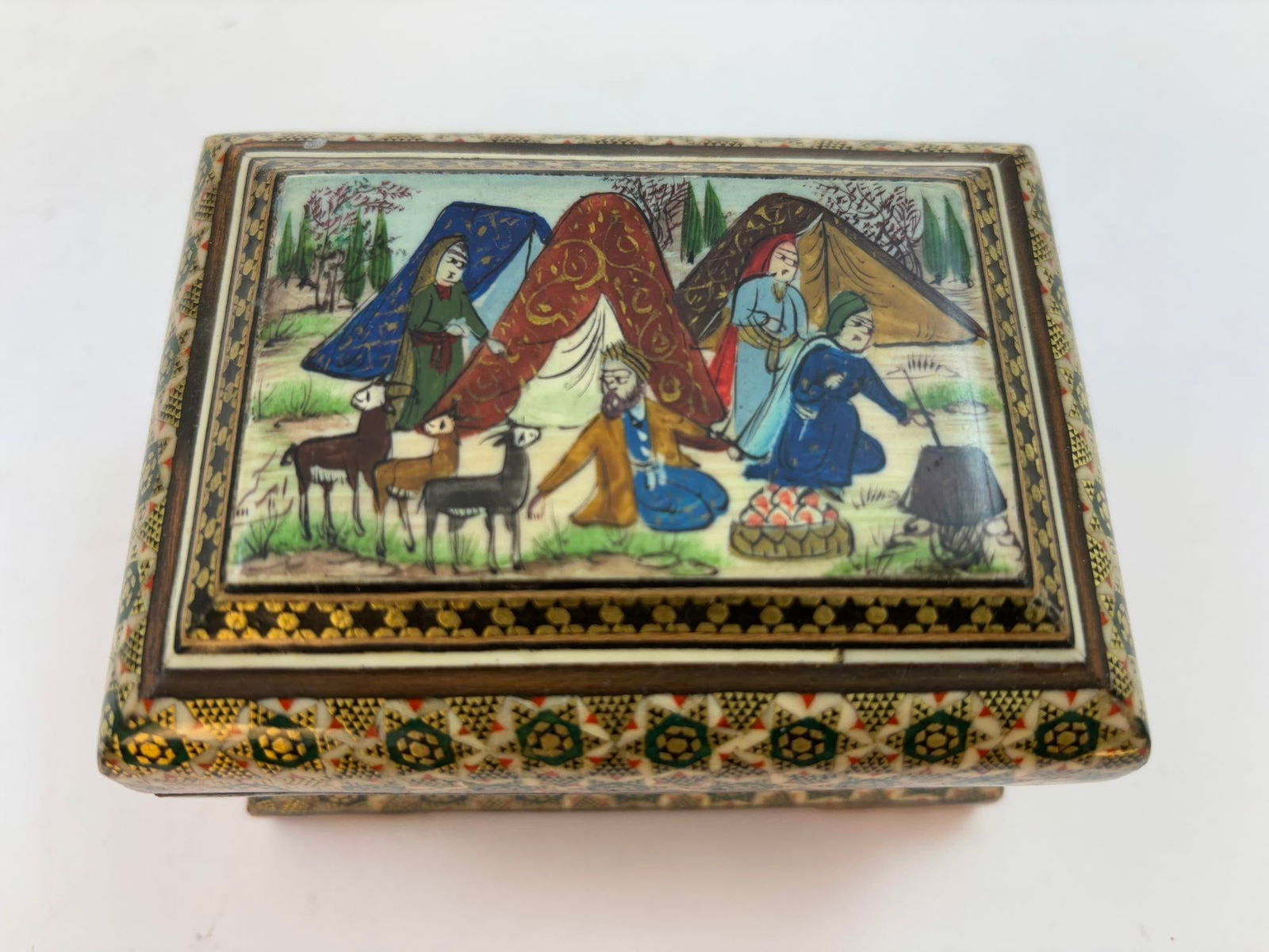 Middle Eastern Persian Khatam Trinket Box With Miniature Art Painting 1950s - 2