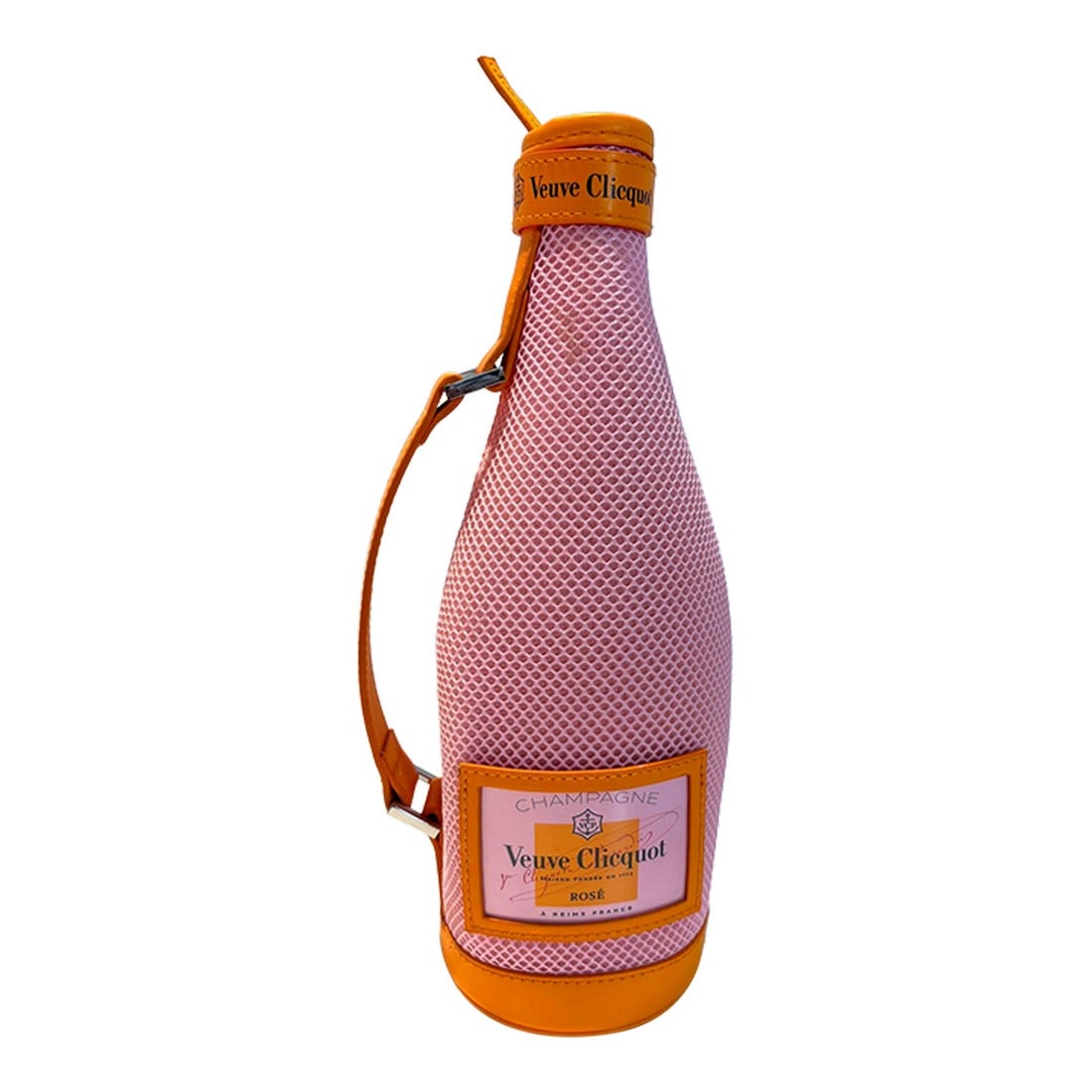 Collectable Veuve Clicquot Champagne Rose and Orange Bottle Jacket: Veuve champagne rose pink and orange ice jacket for Champagne Veuve Clicquot. Limited Edition Collectable Veuve Clicquot Champagne Rose and Orange color Thermal Zipper Bottle Jacket. This Stylish