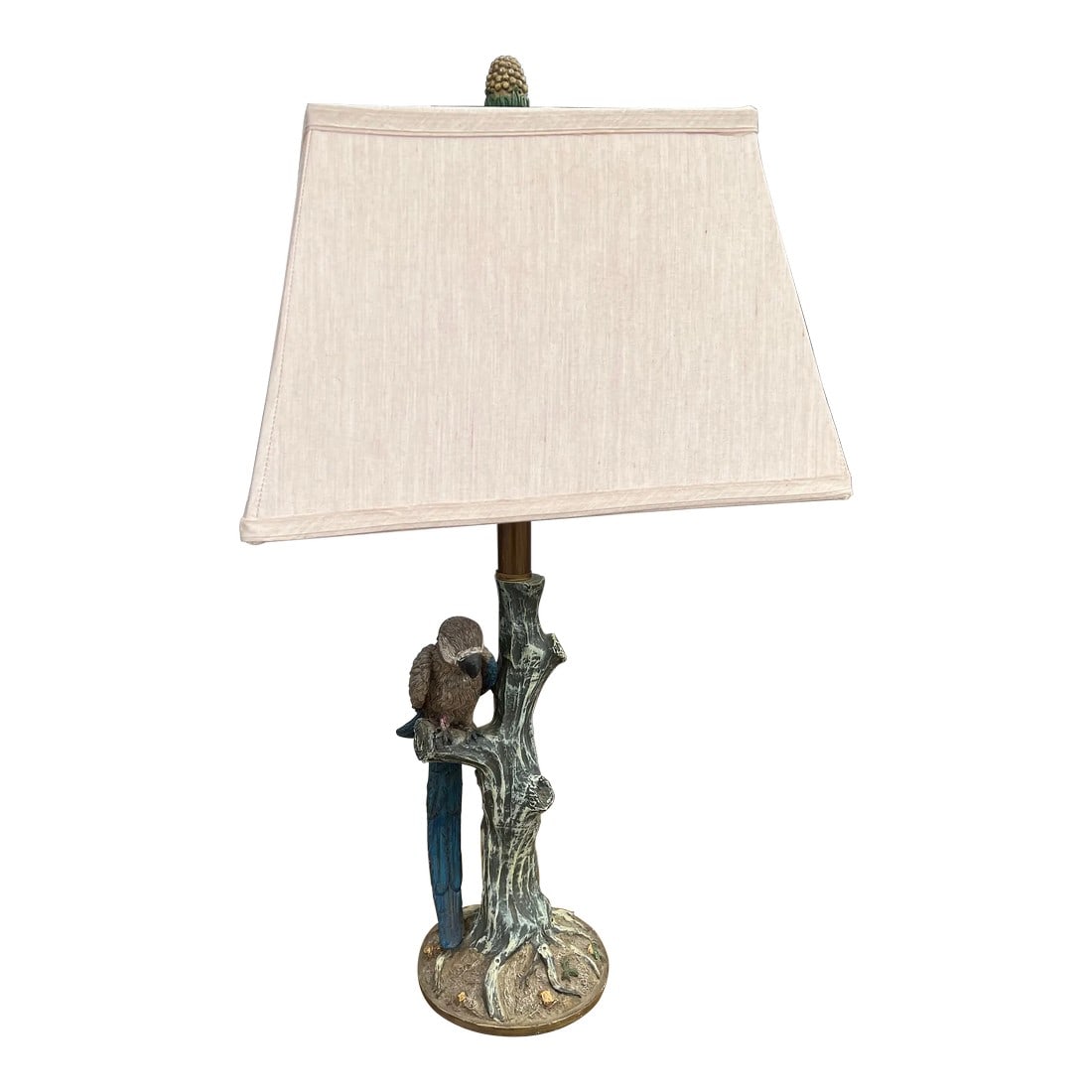 1980s Parrot Perched on a Faux Tree Limb Lamp: Parrot Lamp the Bird is Perched on a Faux Tree Limb with some Vibrant touches of Color as should be with a Parrot .lamp Height with Harp and Finial attached is 28 tall. Condition: Alterations: