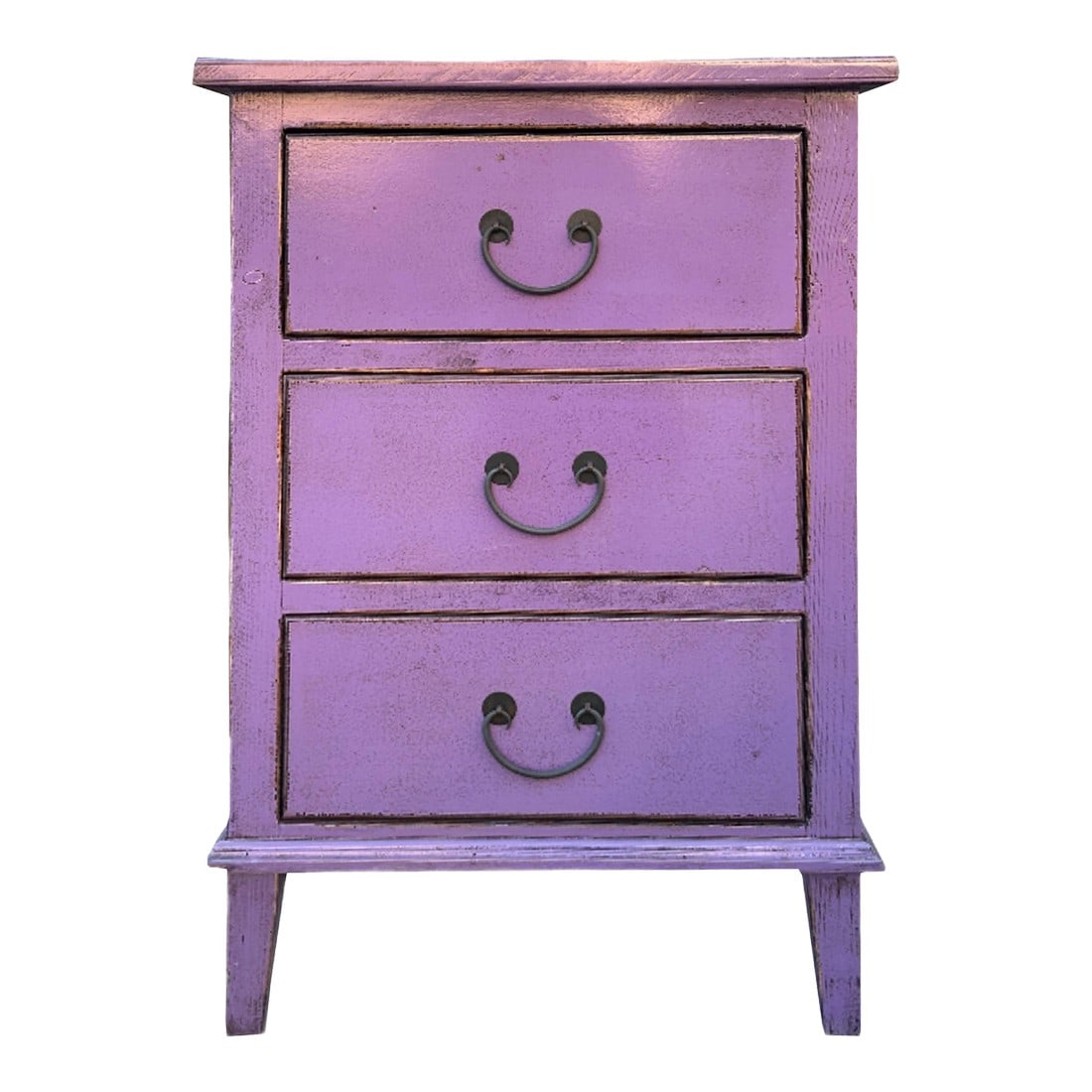 Distressed Lavender Purple 3 Drawers Flare Legs End Table Nightstand: This charming vintage-inspired three-drawer dresser adds a touch of rustic elegance to any bedroom or living space. Crafted from solid wood with a distressed lavender finish, this piece showcases