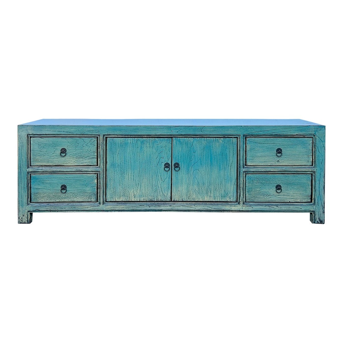 Oriental Distressed Light Turquoise Blue Low Tv Media Console Cabinet: This stunning Oriental Distressed Light Turquoise Blue Low TV Media Console Cabinet is a blend of timeless style and practical functionality. Crafted with meticulous attention to detail, this piece