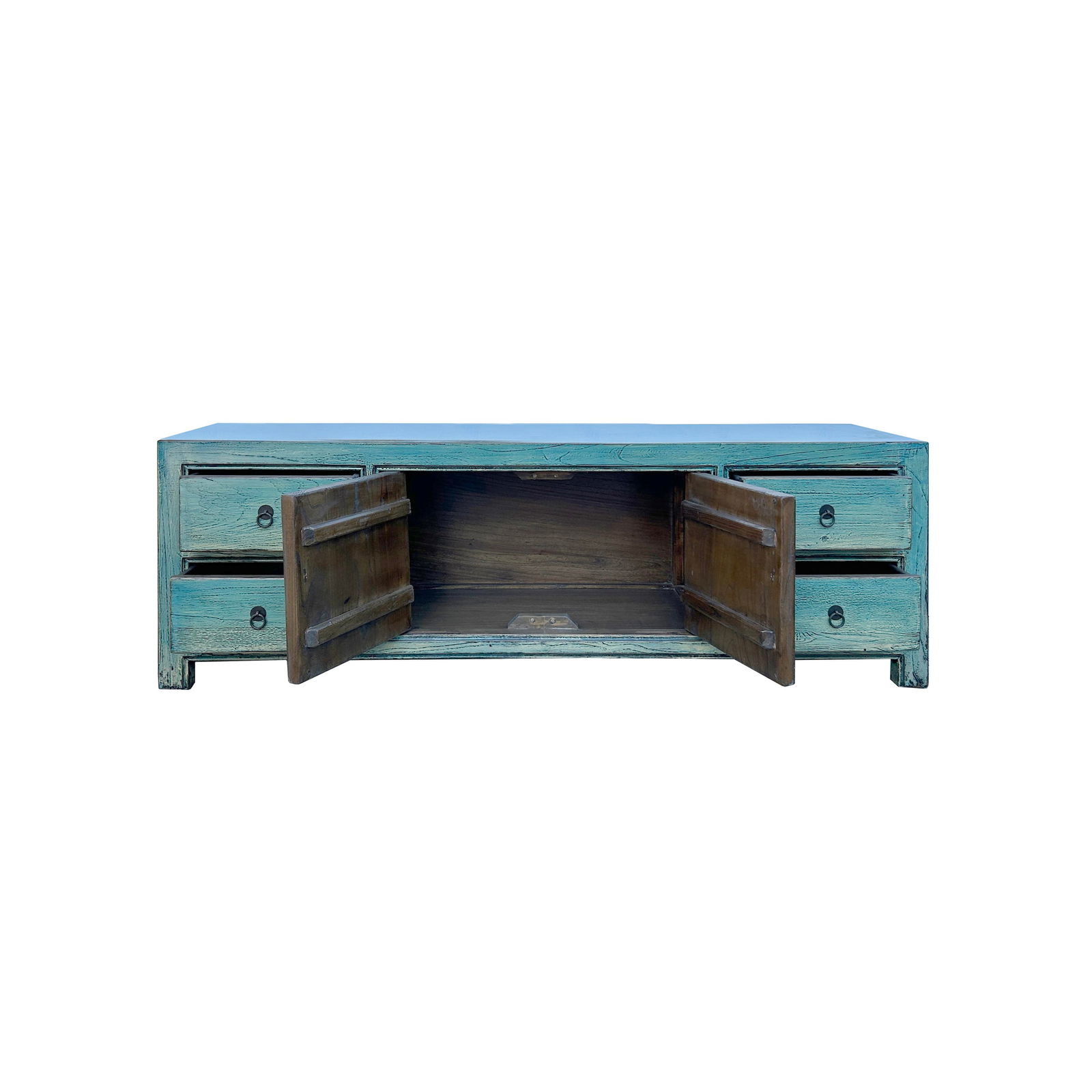 Oriental Distressed Light Turquoise Blue Low Tv Media Console Cabinet - 3