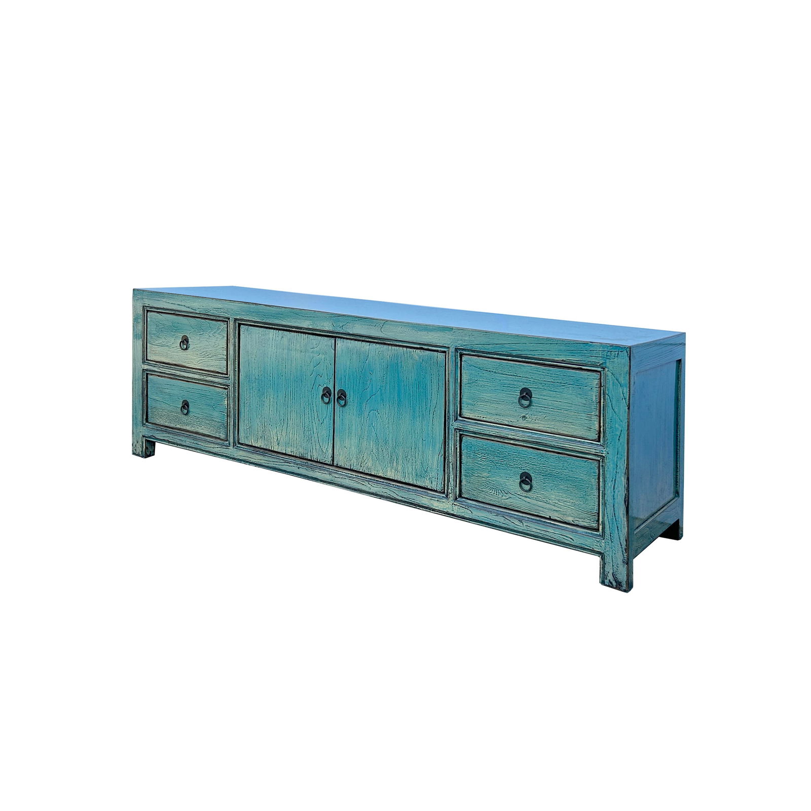 Oriental Distressed Light Turquoise Blue Low Tv Media Console Cabinet - 4